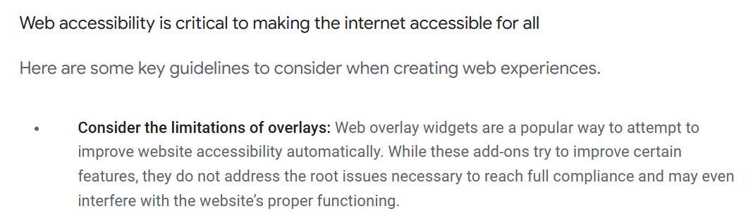 Me #putoEncanta que <a href="/Google/">Google</a> diga claramente que los #overlays o #plugins de #accesibilidad "...they do not address the root issues necessary to reach full compliance and may even interfere with the website’s proper functioning". NO HACEN MAGIA, para eso hay que ir a Hogwarts 🧙‍♂️