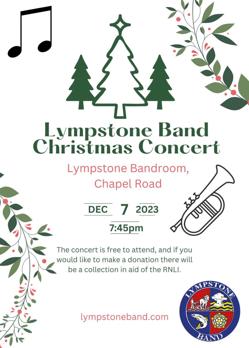 Lympstone Band (@lympstoneband) on Twitter photo Get into the festive spirit with our free Christmas Concert on December the 7th. As stated the concert is free but we will be collecting for @exmouthrnlifund @exmouthrnli @rnli Please share the word! <a href="/lympstoneorg/">Lympstone.org</a> Get into the festive spirit with our free Christmas Concert on December the 7th. As stated the concert is free but we will be collecting for @exmouthrnlifund @exmouthrnli @rnli Please share the word! <a href="/lympstoneorg/">Lympstone.org</a>