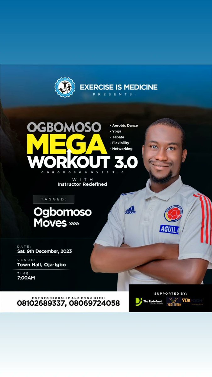 Get ready to sweat, smile, and shine💥
Join us as we crush our fitness goals together 💪

Venue: Town Hall, Oja-Igbo 
Time: 7:00am
Date: Saturday December 9th, 2023 . 

Let's cook up some fun and have a great time together!
#Ogbomoso
#OgbomosoMegaWorkout
#OloladeNetflix #EVEMUN
