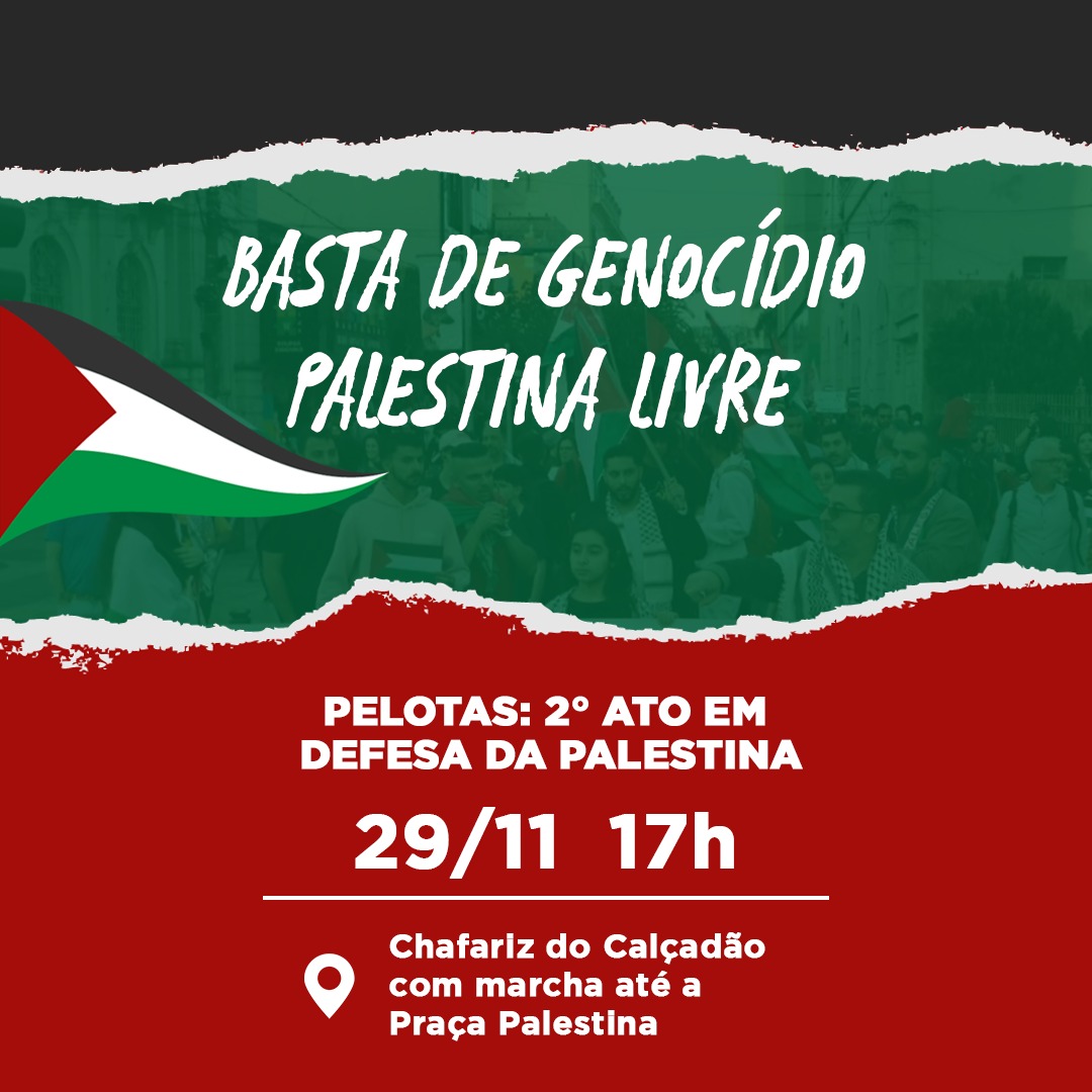 PCBPelotas's tweet photo. 🇵🇸 🇵🇸 PRECISAMOS IR AS RUAS! NÃO BASTA "PAUSAR" O GENOCÍDIO, EXIGIMOS O FIM DO MASSACRE E DA OCUPAÇÃO DE ISRAEL NA PALESTINA! 

Nesta *QUARTA FEIRA (29/11), ÀS 17h*, faremos o 2° ato público em Pelotas em apoio ao povo palestino no CHAFARIZ do calçadão. https://t.co/1AEf5QhSMJ