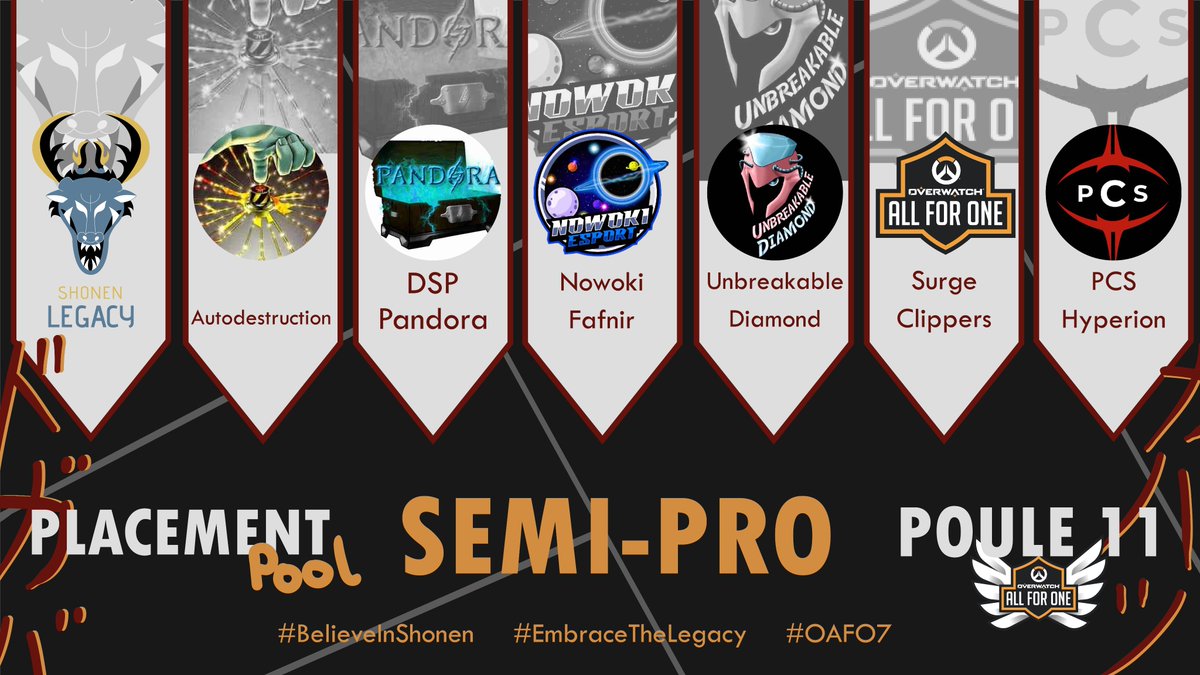 Découvrez la poule de placements des Shonen Legacy pour ce <a href="/PlayAllForOneFR/">Overwatch AllForOne France</a> 2024 !

Voici leurs adversaires pour ce début de saison 😎 :
- Autodestruction
- DsP Pandora : @Dsp_Corp 
- Nowoki Fafnir : <a href="/NowokiEsport/">Nowoki E-Sport</a> 
- Unbreakable Diamond
- Surge Clippers
- PCS Hyperion :