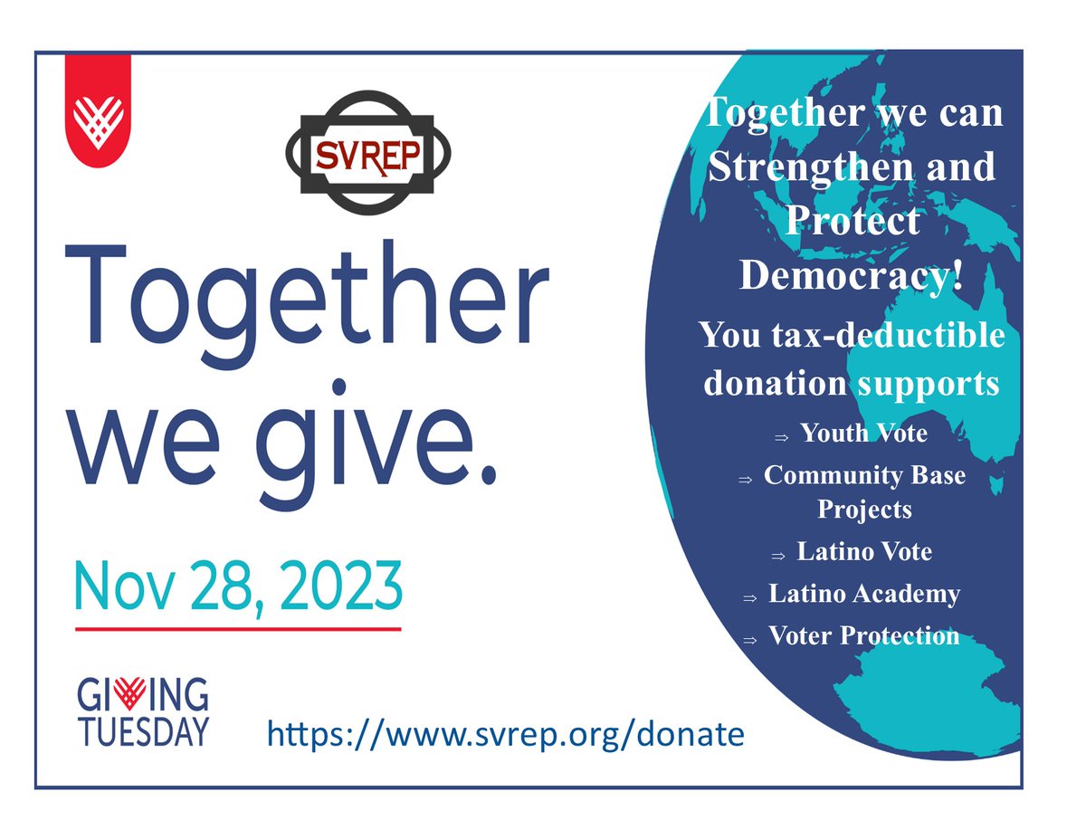 lcamarillo1's tweet photo. .@SuVotoEsSuVoz Nov 28, 2023, is #GivingTuesday2023 On this day, we give back to our community with tax-deductible gifts. Please include SVREP for your generous gift. Invest in Change! #Gift #SVREP #LatinoVote #Juntos @wcvi @lcamarillo1 @MALDEF @LULAC https://t.co/QZROoG2DR5 https://t.co/6Ubabq9cpX