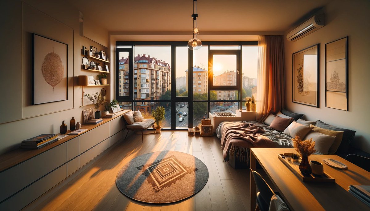designmidjorney's tweet photo. prompt: A photo of a cozy, well-lit apartment in Ukraine. The room is spacious and neatly arranged, with modern furnishings that reflect a contemporary style. A large window provides ample natural light, illuminating the space and creating a warm, inviting atmosphere. The view outside the window shows a typical Ukrainian cityscape, with traditional architecture and bustling streets. The apartment's decor includes elements of Ukrainian culture, such as traditional textiles or artworks. Shot on Sony A7R IV mirrorless camera, no post-processing, no filters, natural color palette, 4k, 16:9 ratio.