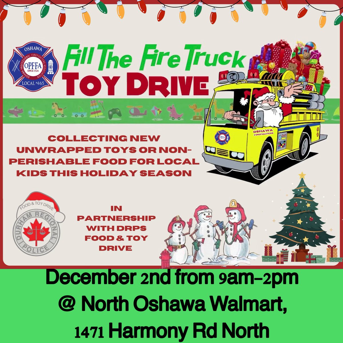 The annual Stuff a Fire Truck is back on December 2nd from 9am-2pm at the North end Walmart in #Oshawa.  We will be collecting unwrapped toys and Non-perishable food for local families this holiday season in partnership with the <a href="/DRPS/">Durham Regional Police</a> holiday food and toy drive. #firefighter