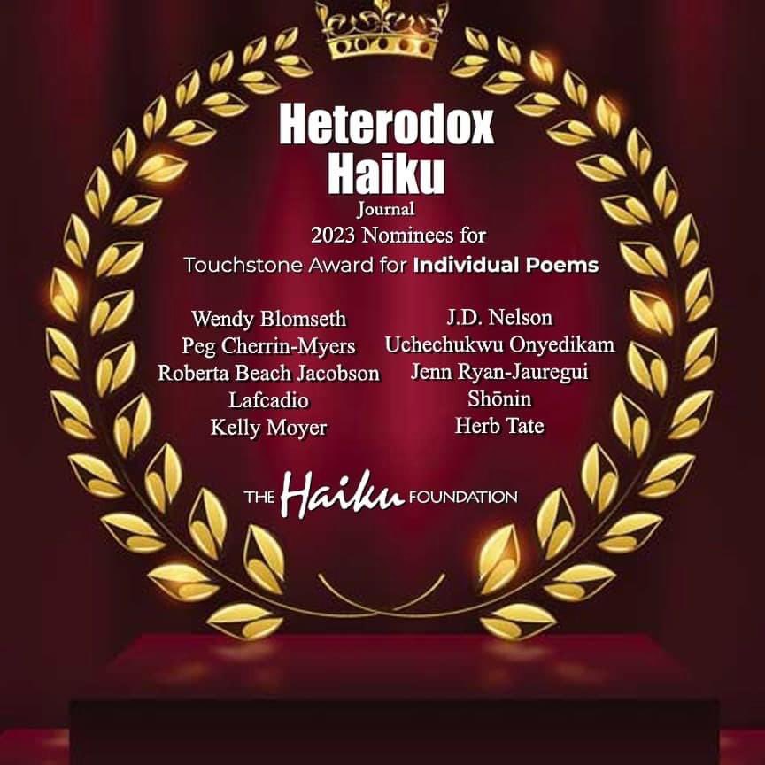 WendyBlomseth's tweet photo. I'm honored to have received a 2023 Touchstone Award nomination for Individual Poem for my haiku that appeared in @HeterodoxHaiku earlier this year. Thanks so much to the talented photographer, poet and editor Jerome Berglund for this nomination. congrats to all nominees! https://t.co/eYFtn9CZ6E