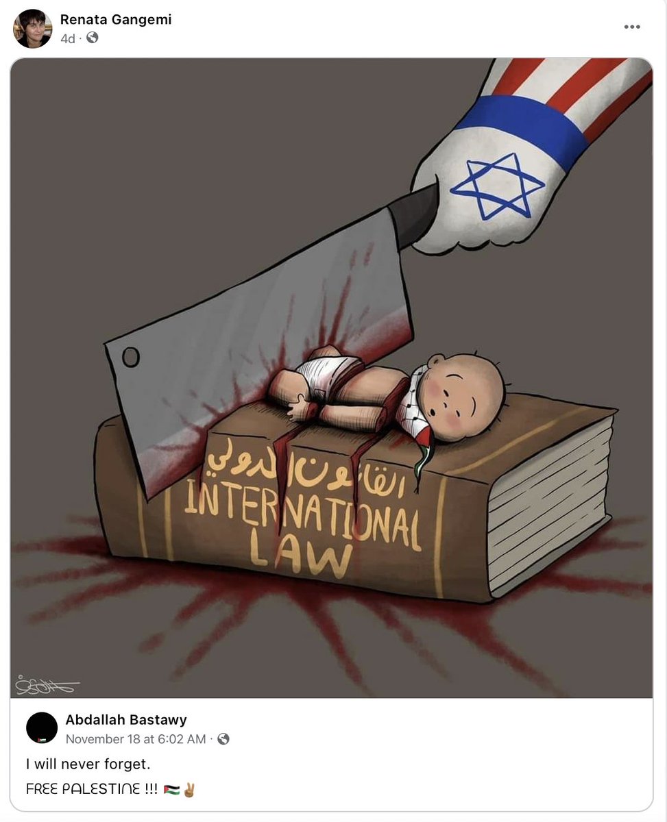 StopAntisemites's tweet photo. StopAntisemitism is horrified to see Renata Gangemi, Associate Professor of Communication Arts at Ramapo College of New Jersey, share this horrific image to her Facebook profile.   

The graphic shows a hand adorned with a Jewish Star of David hacking a Palestinian baby in half.

Imagine being a Jewish student of Gangemi's?