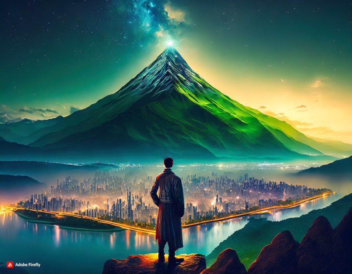 LetssDiscusss's tweet photo. Prompt-Create an alluring night scene with a majestic green mountain,a futuristic city blending with nature, and a person in vintage-futuristic attire at the enchanting meeting point of mountain and city lights.
Left-Firefly or Right-Dalle 3?
@icreatelife 
#IPLretention
#krisai https://t.co/jXVfU9ditj