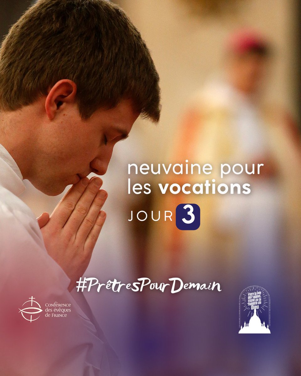Eglisecatho's tweet photo. La #neuvaine de prière pour préparer le rassemblement des #SéminaristesDeFrance le week-end prochain continue. 

Dieu notre Père, à chaque génération, tu as montré ta fidélité à ton Église en envoyant des ouvriers dans ta moisson.
Par ta puissance divine tu l’as gardée par la foi.
Tu as suscité en elle de nombreux saints qui ont rendu témoignage à ton Nom et ont porté du fruit par leur vie donnée.
C’est pourquoi nous te supplions encore aujourd’hui, avec tous les saints prêtres et missionnaires qui nous ont précédés, et par l’intercession de la Bienheureuse Vierge Marie.
Accorde à l’Église qui est en France la grâce de la conversion pour qu’elle transmette fidèlement la lumière de la foi aujourd’hui.
Accorde-lui de nombreuses et saintes vocations sacerdotales pour que se construise le corps du Christ et que tous parviennent à la connaissance de la vérité.
Accorde-lui ton Esprit de force afin qu’elle brûle du désir de partager avec tous les richesses du salut éternel.
Par Jésus le Christ notre Seigneur.

#PrêtresPourDemain
