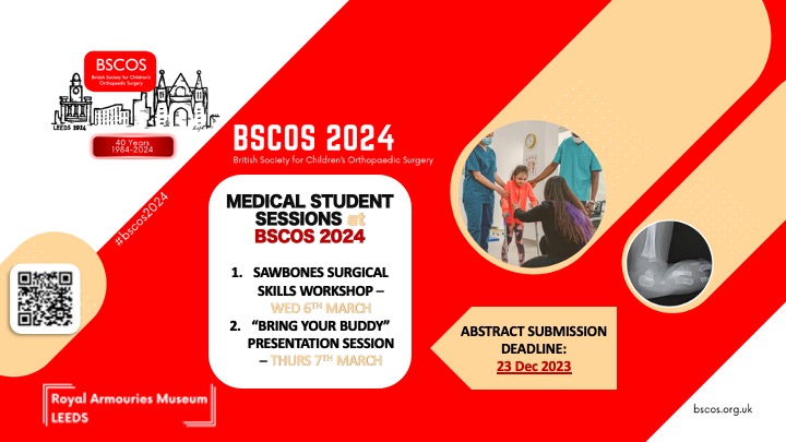 P Josiah Joseph (@pjsjoseph) on Twitter photo 🚨 Attention Medical Students!🚨
Interested in Paeds Ortho? Join us at #BSCOS2024 annual meeting for a hands-on Sawbones workshop and showcase your research/audit at our dedicated student presentation session. 🎓
miceorganiser.com/bscos2024
<a href="/BSCOS_UK/">British Society for Children’s Orthopaedic Surgery</a> <a href="/bscos2024leeds/">BSCOS2024@Leeds</a> <a href="/BOMSA_UK/">British Orthopaedic Medical Students Association</a> 🚨 Attention Medical Students!🚨
Interested in Paeds Ortho? Join us at #BSCOS2024 annual meeting for a hands-on Sawbones workshop and showcase your research/audit at our dedicated student presentation session. 🎓
miceorganiser.com/bscos2024
<a href="/BSCOS_UK/">British Society for Children’s Orthopaedic Surgery</a> <a href="/bscos2024leeds/">BSCOS2024@Leeds</a> <a href="/BOMSA_UK/">British Orthopaedic Medical Students Association</a>