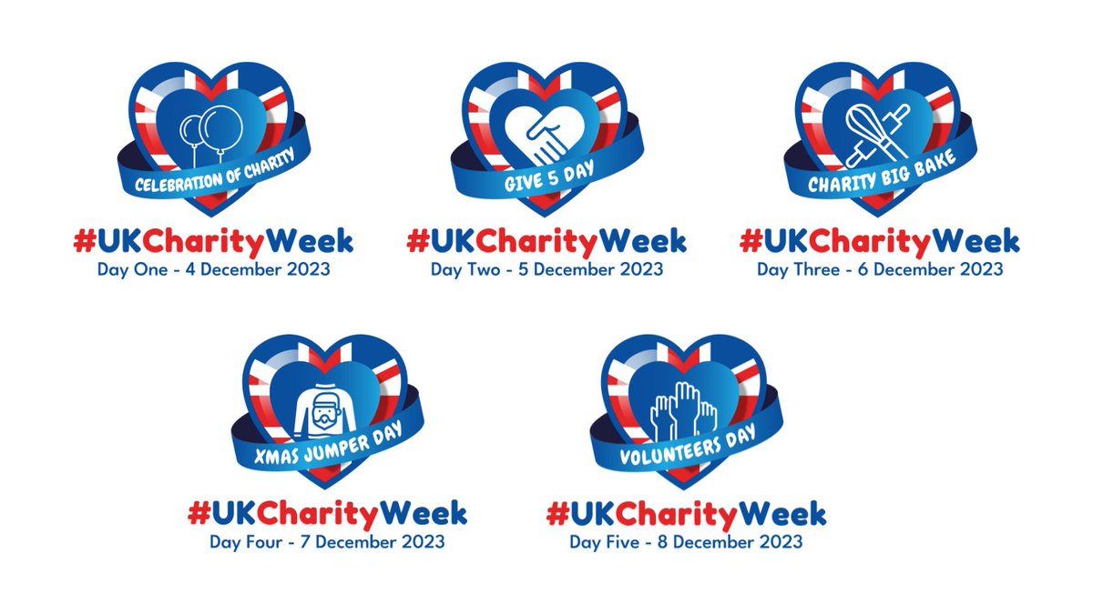 The key dates for next week's #UKCharityWeek campaign 👇
#CelebrationOfCharity (4th Dec)
#Give5Day (5th Dec)
#CharityBIGBake (6th Dec)
#ChristmasJumperDay (7th Dec)
#VolunteersDay (8th Dec)