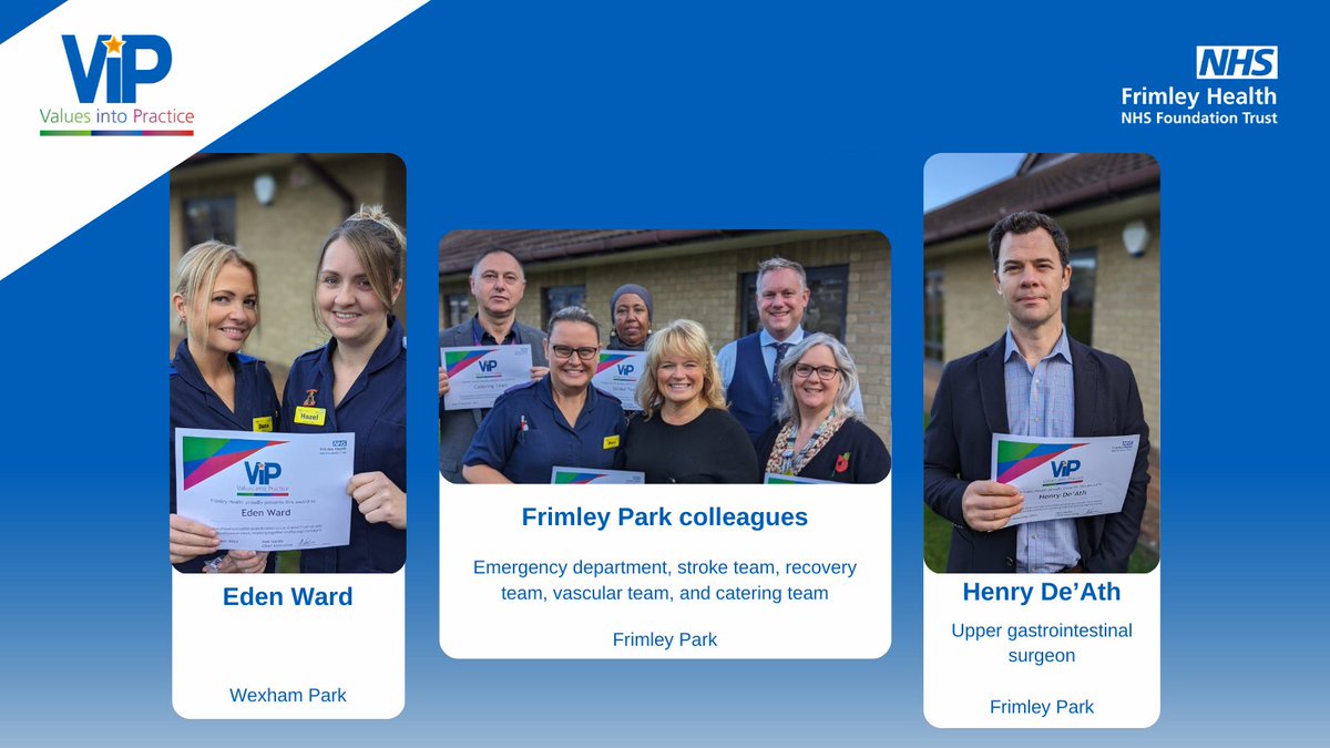 Today we're celebrating our #FrimleyHealthFamily ViPs for November! ⭐

This month our winners were upper GI surgeon Henry De’Ath, Wexham Park’s Eden Ward team, and Frimley Park colleagues who cared for a stroke patient 👏

Read about them here: fhft.nhs.uk/news/november-…