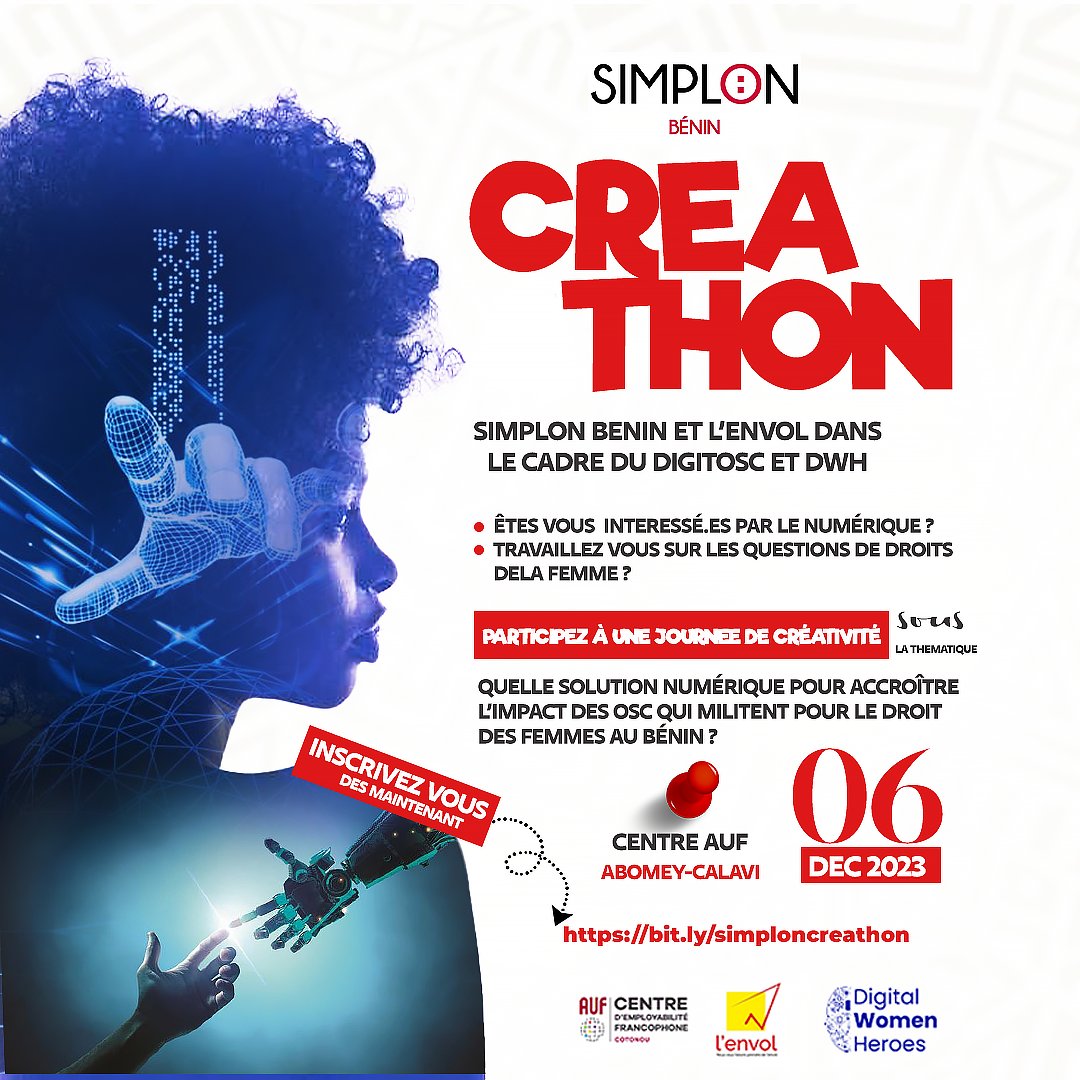Rejoignez-nous le 06 décembre pour un #creathon spécial en faveur des droits de la femme ! 

Vite, s'inscrive via le lien dans le visuel ! 

PARTAGEZ AU MAXIMUM avec les acteurs du #numérique et des #droits des #femmes !

<a href="/simplonco/">ok</a>