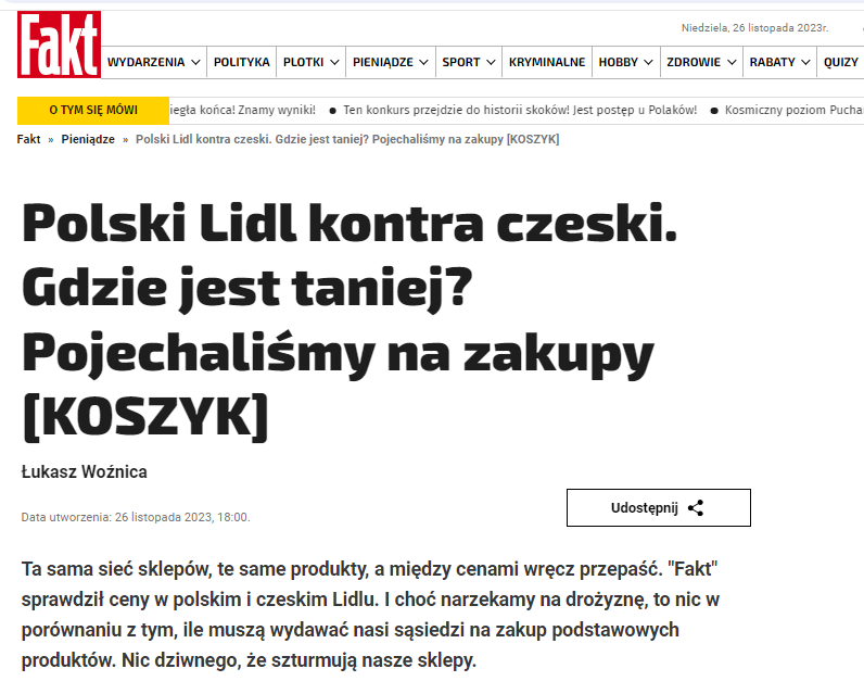 Posledniskaut's tweet photo. cc @lidlcz 
@FAKT24PL se rozhodl zjistit, jak velké jsou rozdíly v cen��ch. Ve stejný den zašli do českého Lidlu (v Náchodě) a polského Lidlu (v Toruni) a porovnali, kolik utratili za základní nákupy. Ceny v Česku jsou minimálně o 20-30 procent vyšší.
https://t.co/vgpv3KQRBQ https://t.co/JwXSxcioO8