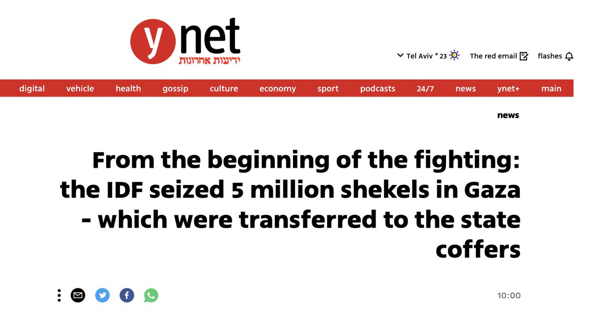 🚨Israel is openly bragging about looting $1,4 million from the destroyed or forcibly emptied homes of a starved, besieged &amp; extremely impoverished population.

The stolen valuables were "transferred to the state coffers" to fund further wiping out Gaza.

Nakba 2.0!