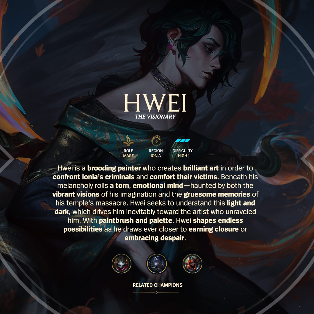 LoLUKN's tweet photo. Learn more about our latest champ, Hwei, THE VISIONARY 🖌️

Check out his bio here:
➡️ https://t.co/foiYEBHvkW https://t.co/472RVgefwl