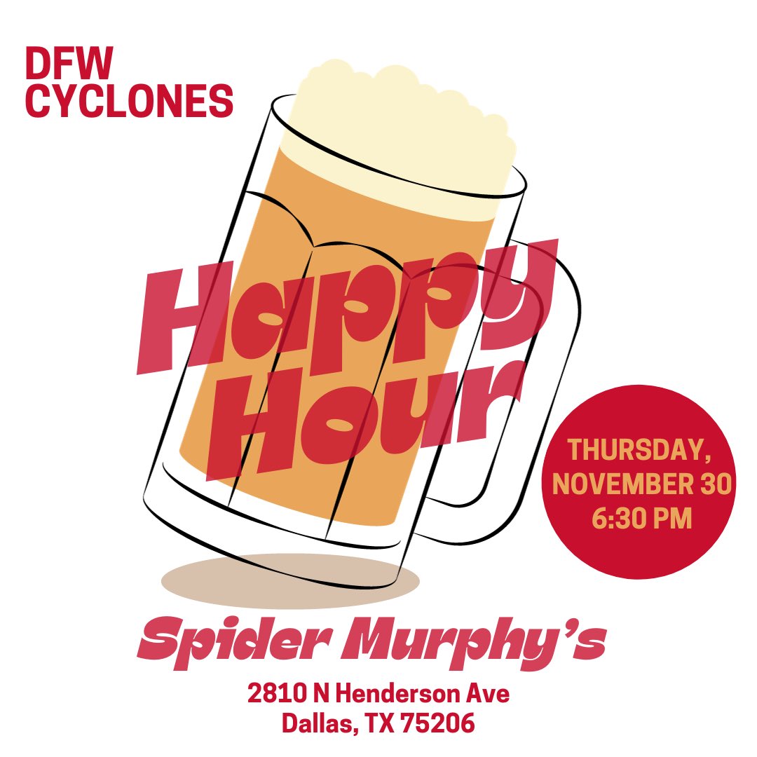 Don’t forget, DFW Cyclones Happy Hour at Spider Murphys this Thursday! Questions? DM DFW Cyclones or email dfwcyclones@gmail.com