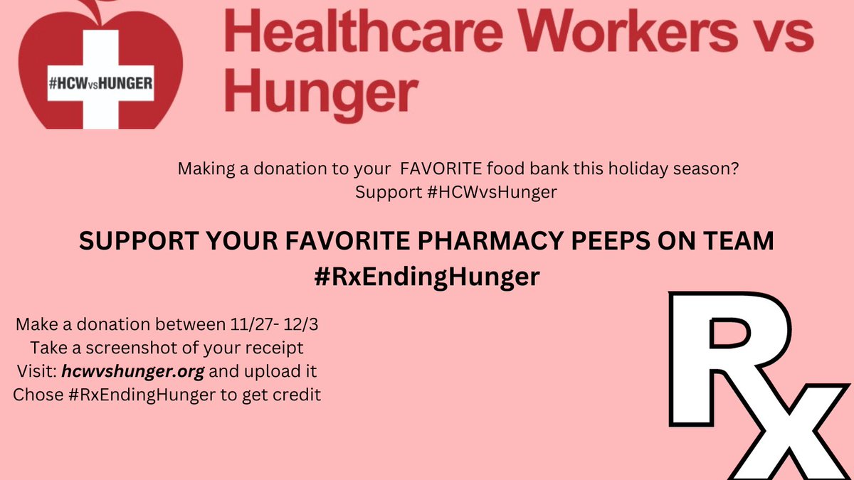 Hello everyone! 
I am the Captain of #RxEndingHunger! 
Let's make a difference this Holiday season and make sure no one goes hungry.
Also because winning is fun and after the year we have had as a profession, it would be sweet. 
#TwitterRx