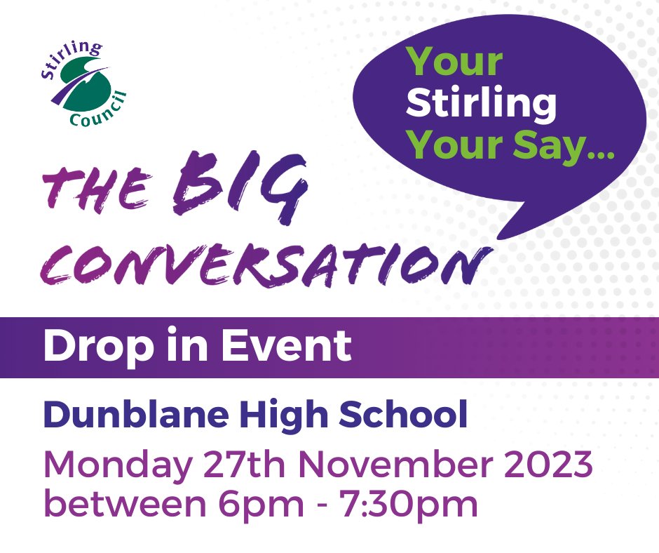 StirlingCouncil's tweet photo. ๐ฌ Want to find out more about our budget proposals and challenging financial situation?
Come along to our drop-in event tomorrow (27 Nov) at Dunblane High School where we'll continue our Big Conversation with residents.
More info: https://t.co/m1Yiwl1AZf
#BigConversation2425 https://t.co/GjiPS8l1eU