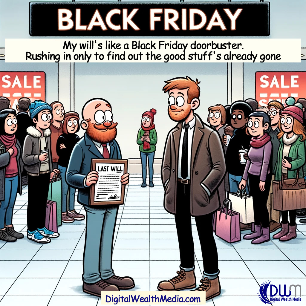 DWM_Wills's tweet photo. Unveiling the lighter side of estate planning, Black Friday style! 🛍️📜 Dive into our latest comic that humorously centers on the frenzy of holiday shopping with the surprises of will reading. #BlackFriday #EstatePlanning #LastWill #HolidayShopping #LegacyPlanning #Humor #Jokes https://t.co/mwmhJ1Bhbk