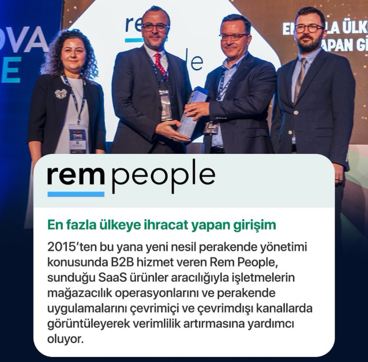 #Turkey's #Entrepreneurs Competition organized by TİM-TEB Entrepreneurship House was concluded on the last day of Türkiye Innovation Week, of which TEB Bank is a strategic partner. 

Our portfolio company @RemPeople got the award of “Tech Company Exports to Most Countries.”