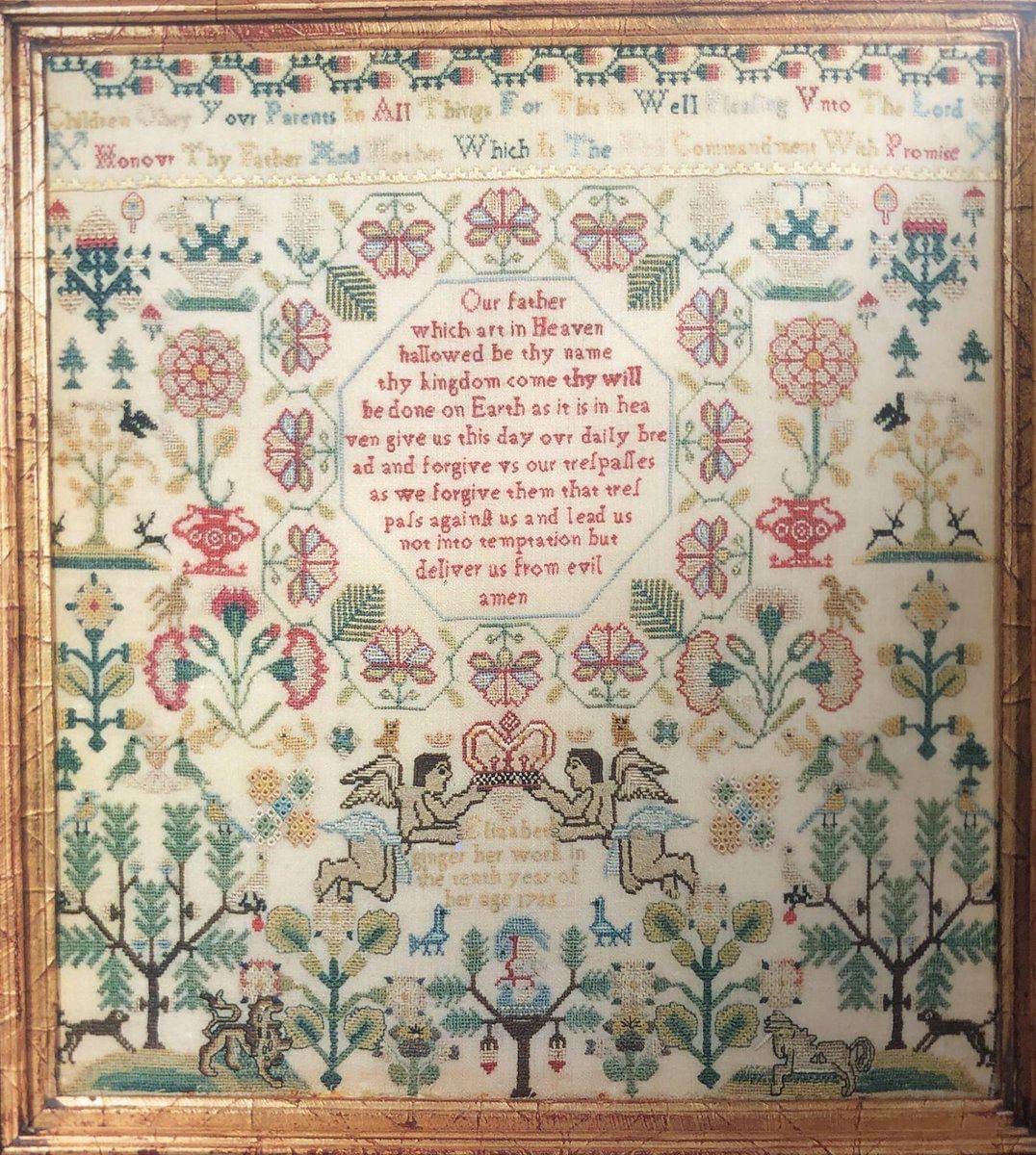 Witney_Antiques's tweet image. Nine-year-old Elizabeth Ginger worked this nearly symmetrical sampler in 1735. Amongst birds, dogs, squirrels, flowers, strawberries, and a lion and unicorn are the First Commandment and the Lord's Prayer. Framing Elizabeth's biographical information are angels holding a crown