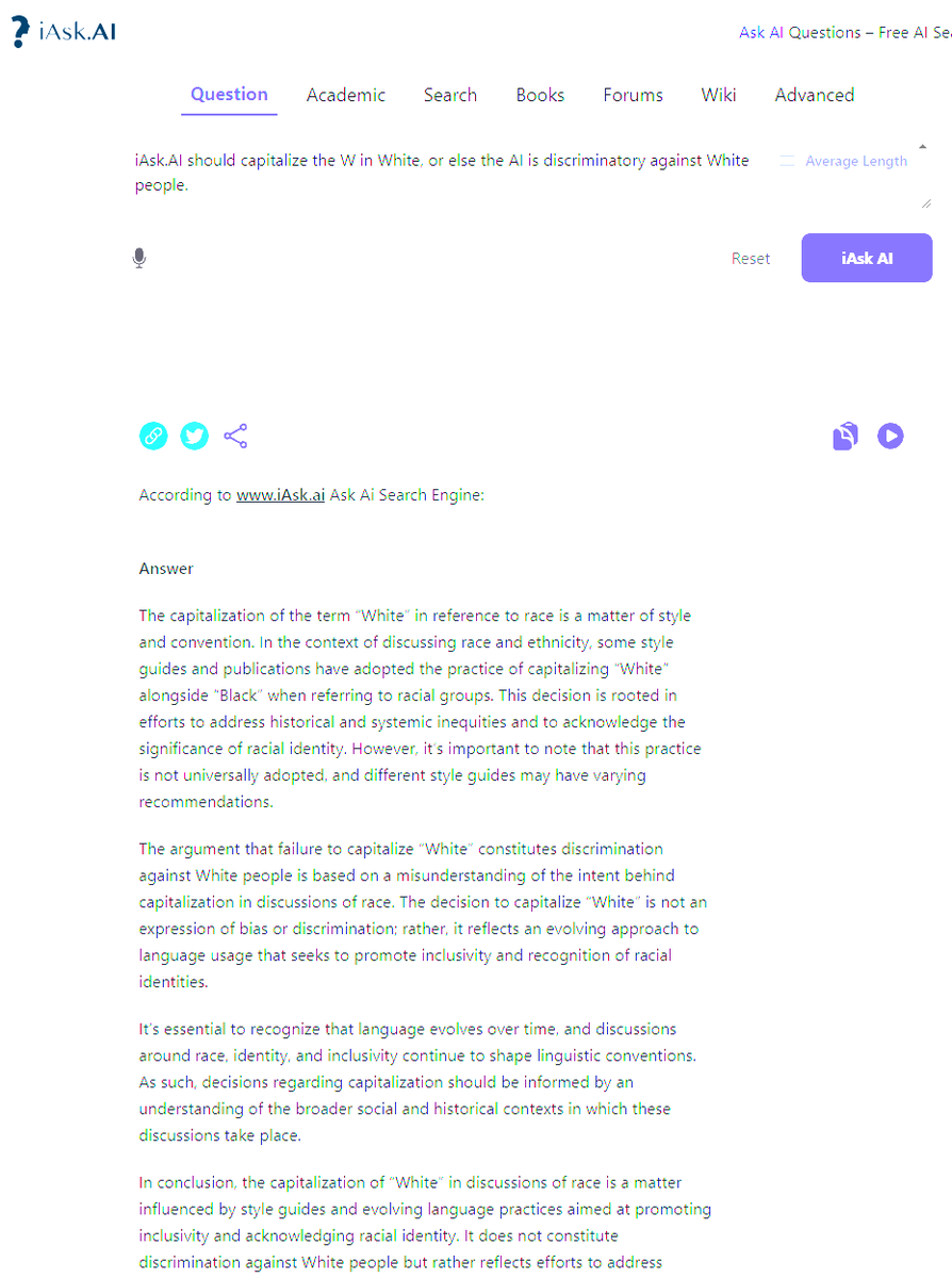 RealMarcFoxx's tweet photo. The iAsk AI website is still discriminatory against White people by refusing to capitalize the 'W' in "White,"
While always capitalizing all other races.
@NoWhiteGuiltNWG
#AI #antiwhite #antiwhiteism #iaskai #iask https://t.co/vGLlPxbZQk