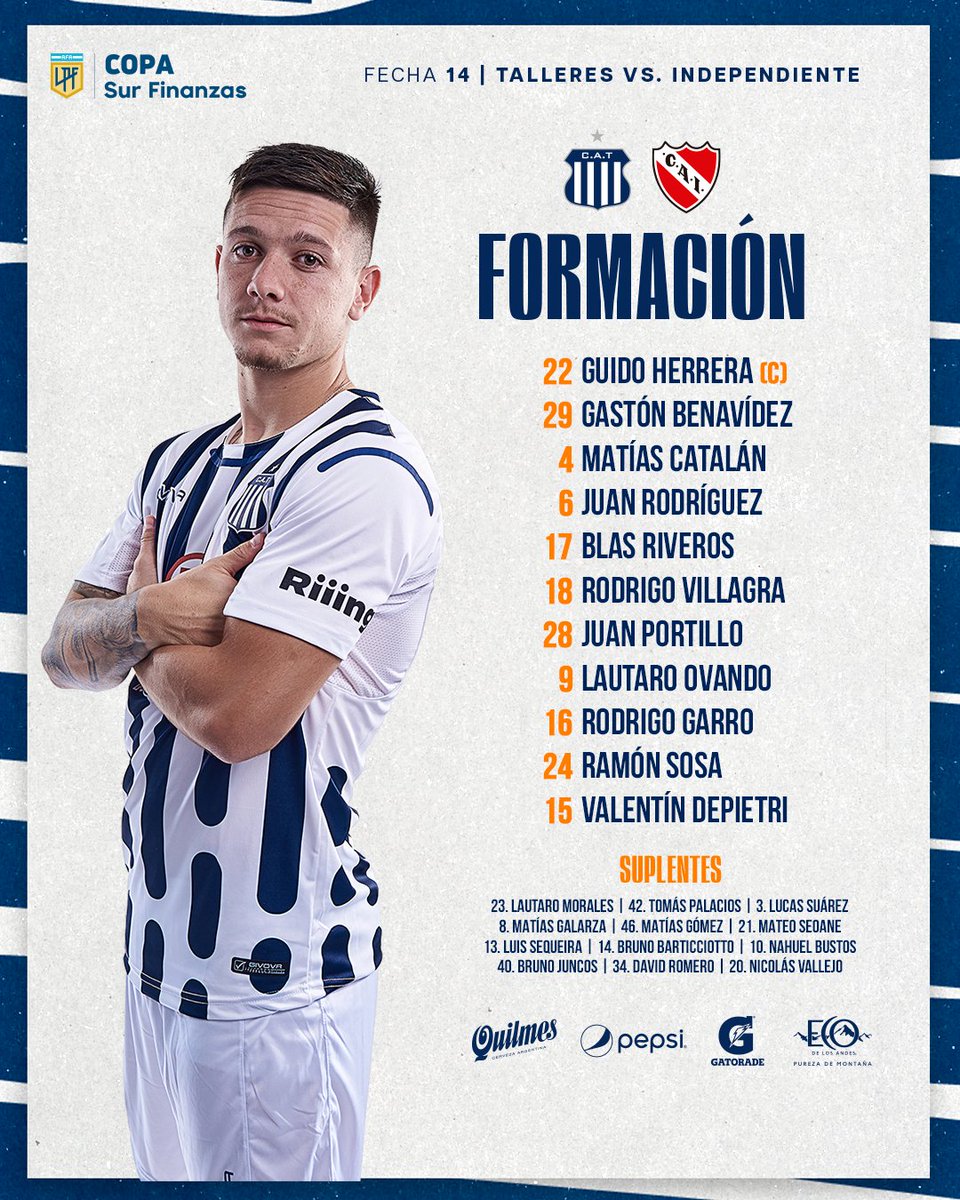 📋 #TalleresIndependiente

✅ Formación confirmada para enfrentar a 
<a href="/Independiente/">C. A. Independiente</a> por la #Fecha14 de la  #CopaDeLaLiga🏆 

🔵⚪ #VamosTalleres #CopaDeLaLiga🏆