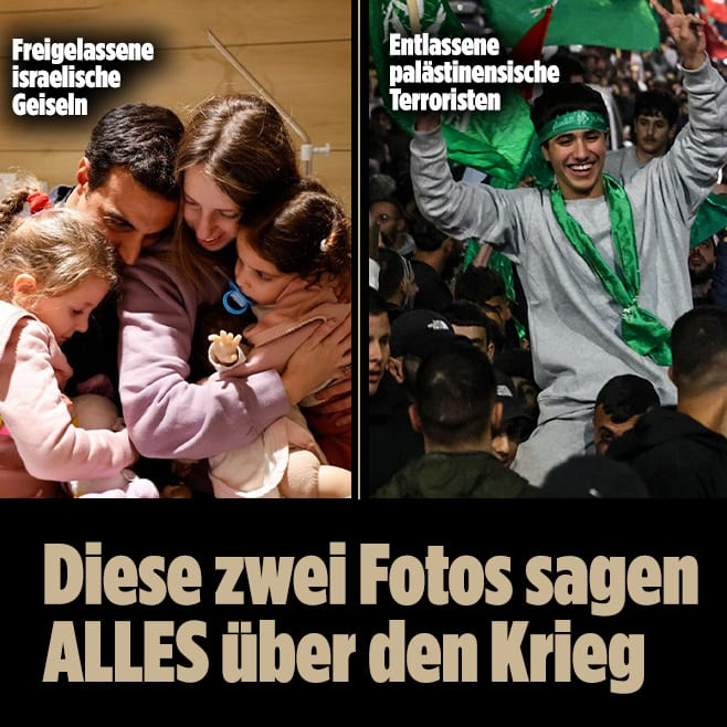 Die Israelis feiern die Rückkehr der Geiseln, die Palästinenser die Freilassung von Gefangenen. Der Unterschied könnte nicht größer sein: Israelische Eltern umarmen friedlich ihre freigekommenen Kinder. Palästinensische Ex-Häftlinge werden auf Terror-Aufmärschen bejubelt.