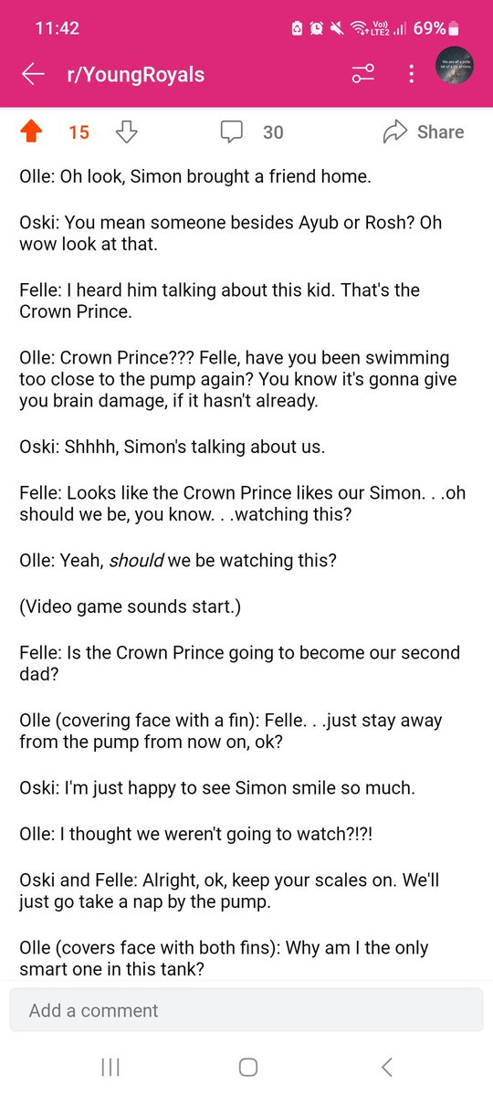 entish2's tweet image. Flash fic I wrote for the goldfishes POV from *that* scene in #YoungRoyals S1E5.

reddit.com/r/YoungRoyals/…

#OlleOskiFelle #PlayingVideoGames