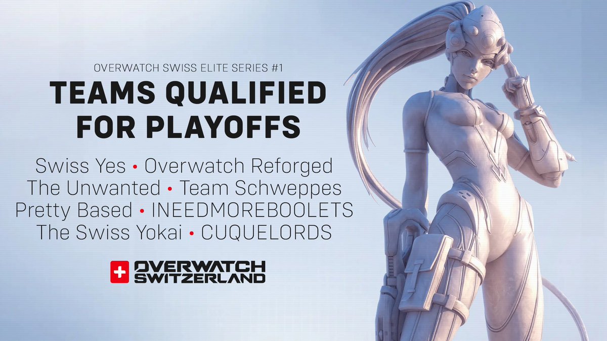 OWSwitzerland's tweet photo. Congratulations to the Top 8 teams who've battled their way to the playoffs of the Overwatch Swiss Elite Series #1 #OWSES ๐จ๐ญ
Join us on December 3rd at 1PM (CET) for heart-pounding action and fierce competition ๐ฅ