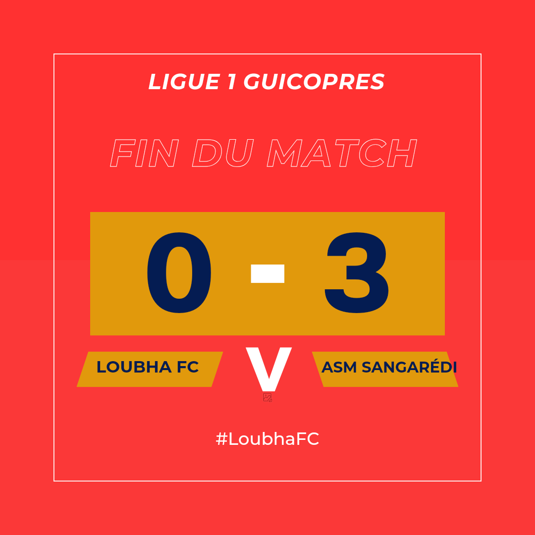 LoubhaFC's tweet photo. 🏆 #Ligue1Guicopres🇬🇳  

🏁 Journée 2

𝐅𝐈𝐍 𝐃𝐄 𝐌𝐀𝐓𝐂𝐇

Loubha FC 0-3 ASM Sangarédi 

🏟 Stade Fodé Fissa | Kindia 

📲 #LFCASM   

Première défaite de notre club.

#TeamLoubha #LoubhaFC #Télimélé #LGFP #Ligue1Guicopres https://t.co/kgVVSGWRWB