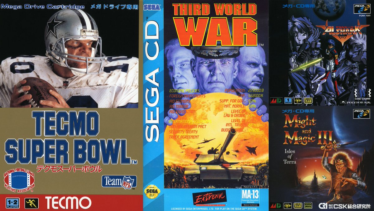 segaretrobr's tweet photo. Hoje é aniversário de 30 anos de Tecmo Super Bowl (Mega Drive), The Third World War, Alshark e Might and Magic III: Isles of Terra (Sega CD), lançados em 26/11/1993!
#tecmosuperbowl #thethirdworldwar #alshark #mightandmagic3 #megadrive #segacd #sega #retro https://t.co/gKYxG2pahk