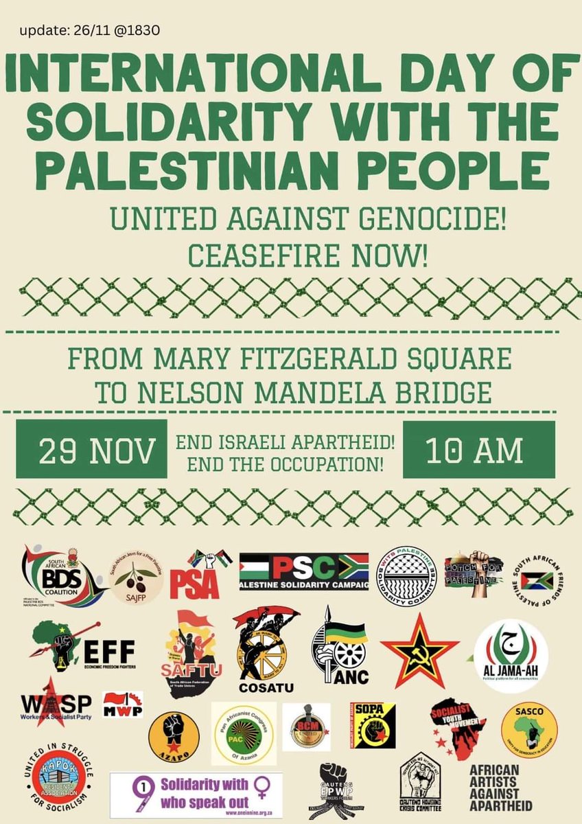 We are in solidarity with the Palestinian People in their struggle for self determination. Genocide must END!