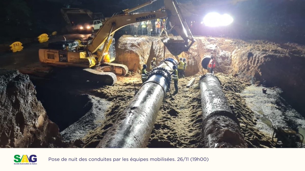 🛣📢 | POINT DE SITUATION : EMBOÎTEMENT DES CANALISATIONS SUR SITE (19h00)

La Société autoroutière du Gabon (SAG) et son prestataire AFCONS poursuivent leurs efforts avec la SEEG et leur prestataire ETE dans la pose des nouvelles conduites.

La phase actuelle des travaux