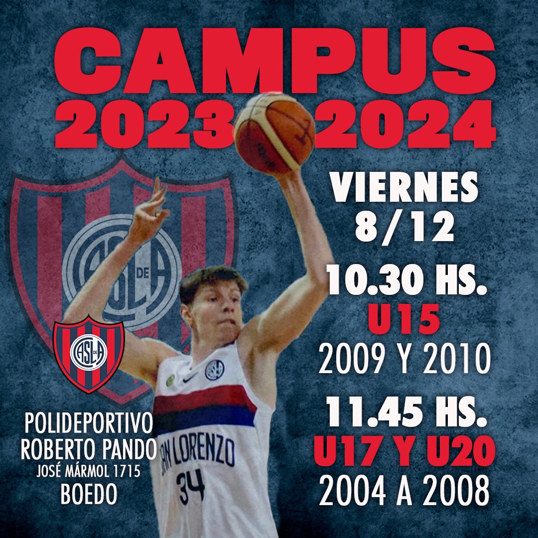 CASLABasquet's tweet photo. 🏀 ¡#SanLorenzo te abre sus puertas!

Arrancó la inscripción para el Campus 2023/24, en el Roberto Pando, para aquellos jóvenes nacidos entre 2004 y 2010.

🙌 ¡Vení a Boedo y disfrutá de una jornada distinta!

Completá el formulario para participar ➡️ https://t.co/q3QOIr80XD https://t.co/0cRCYXtnSG