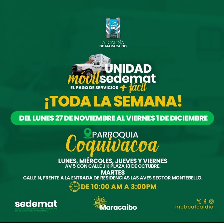 OMARMOLINARON's tweet photo. Atentos vecinos de la parroquia Coquivacoa ¡Toda la semana! Del lunes #27denov al viernes 1 de #diciembre 👏🏼👏🏼 https://t.co/2I3oRHpw9j