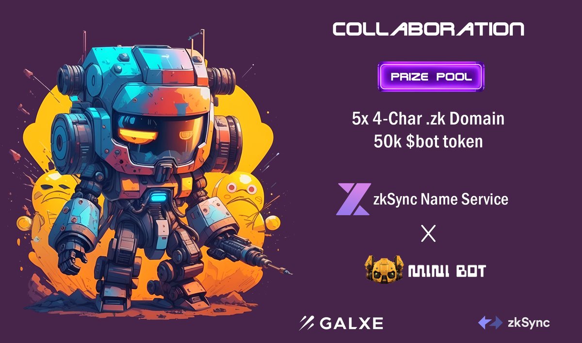 Mini Bot Launching On #Abstract (@minibotabs) on Twitter photo MiniBot x <a href="/zknsdomains/">.zk (XNAME on zkSync)</a>
5x 4-char .zk Domain and 50k $bot token 🎁
1️⃣Complete Galxe tasks:
galxe.com/Minibot/campai…
2️⃣Like and rt and invite your friends to join the giveaway
🤖 Each domain worths $100 if you wanna register 🤖
#ZKSync #Airdrop #NFT MiniBot x <a href="/zknsdomains/">.zk (XNAME on zkSync)</a>
5x 4-char .zk Domain and 50k $bot token 🎁
1️⃣Complete Galxe tasks:
galxe.com/Minibot/campai…
2️⃣Like and rt and invite your friends to join the giveaway
🤖 Each domain worths $100 if you wanna register 🤖
#ZKSync #Airdrop #NFT