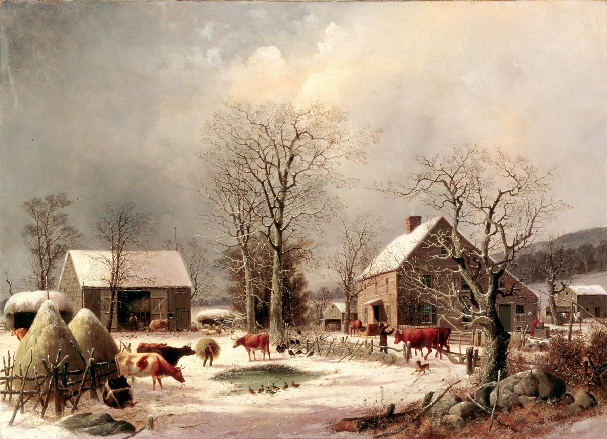 #GreatWinterPaintingsByOldMasters □Farmyard in Winter (1858) ☆GEORGE HENRY DURRIE (1820-1863)▪︎He is best known for his winter countryside scenes. In his paintings there is life with a lot of remarkable details of people and animals▪︎🏛The White House Collection-WASHINGTON