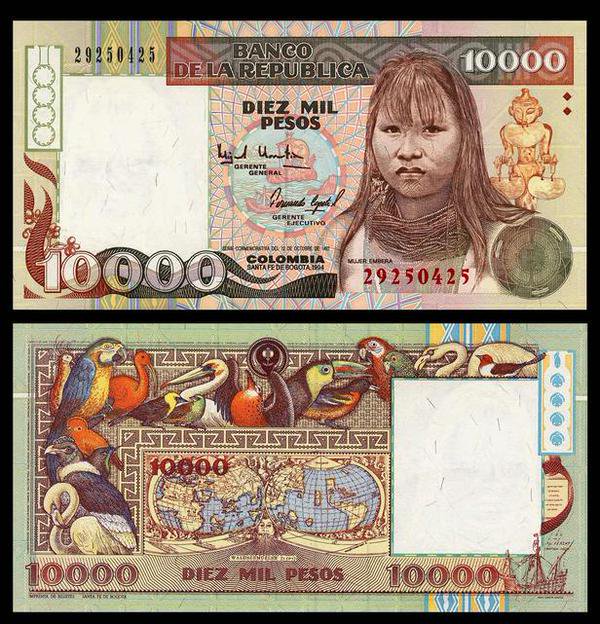 MonedasColombia's tweet photo. Billete de 10.000 Pesos, año 1994. 
▫️Imagen de una Mujer Indígena Emberá, el mapa de Martin Waldseemüller y diversas aves.
▫️En 1994 el Salario Mínimo era $98.700

Considerado el billete más bonito en la historia de Colombia. https://t.co/z7h3EhptXb
