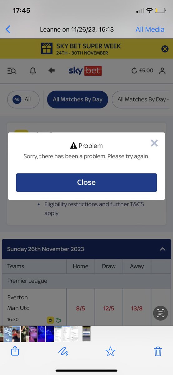 JL3476's tweet photo. Hey @SkyBet frustrating to say the least my partner tried to put a fiva on this a few times only for an error to occur we down a grand lol https://t.co/yg8Am1gyOc