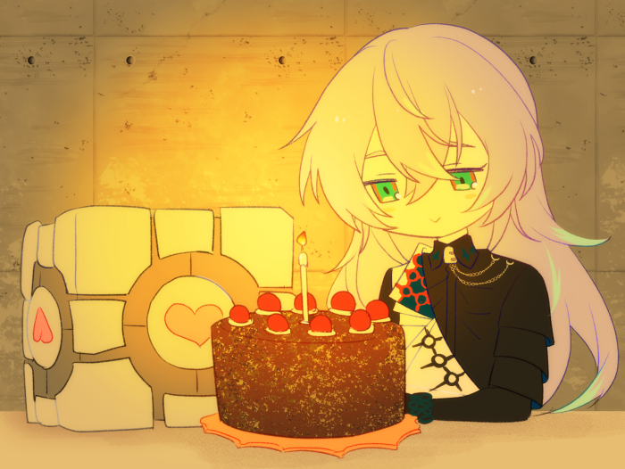 long hair 1boy food male focus cake green eyes smile  illustration images