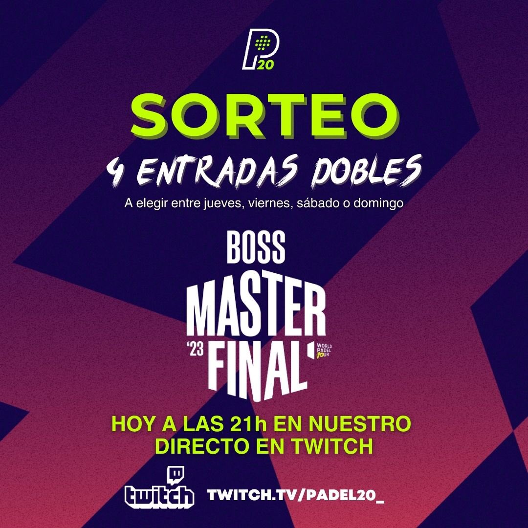 padel20's tweet photo. ⚠️ SORTEO MÁSTER FINAL WPT

🏆 #WPTMasterFinal
📆 Del 14 al 17/12
🏟 Palau Sant Jordi

Sorteamos 4 entradas dobles (una para cada día) 

🚨 Participa en el sorteo en el DIRECTO de hoy a las 21h  👇👇

https://t.co/93ZJ2ZZctx

#Padel #WorldPadelTour #MasterFinal #PalauStJordi https://t.co/moP7jUFYIx