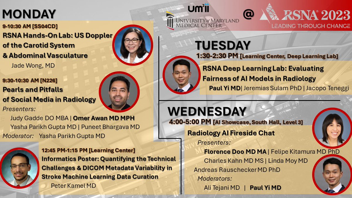 Would love to see old friends &amp; meeting new ones at <a href="/RSNA/">RSNA</a> #RSNA23! 🥳

Come hang out with <a href="/UM2ii/">UM2ii</a> &amp; <a href="/UMMCRadiology/">UMMCRadiology</a> folks at our sessions 🙌🏼

<a href="/PaulYiMD/">Paul Yi</a> <a href="/PeterKamelMD/">Peter Kamel, MD</a> <a href="/JadeJWong/">Jade Wong</a> <a href="/AwanRad/">Omer Awan MD MPH</a>
(&amp; excellent #radres 😊: <a href="/EBeheshtian/">Elham Beheshtian</a> <a href="/hadiskavandi/">Hadiseh Kavandi, MD</a> Craig Foote, Hallie Whalen, Andrew Sinensky)