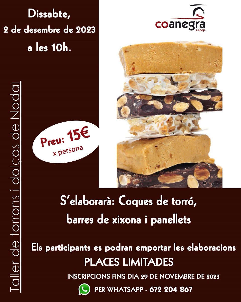 La cooperativa Coanegra us vol animar a participar en el Taller de Torró del pròxim dia 2 de desembre. Una bona oportunitat de conèixer el projecte. Agrairíem màxima difusió. Moltes gràcies!!!