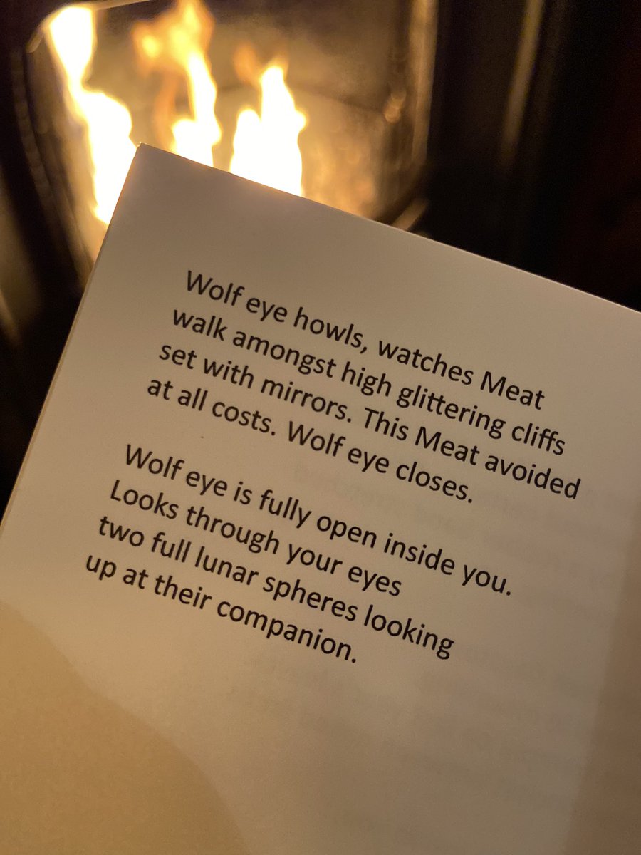 Rhona_Greene's tweet photo. ‘Wolf eye is fully opened inside you.
Looks through your eyes
two lunar spheres looking
up at their companion’
Reading @PaulDragonwolf1 ‘Wolf Eye’ by the fire. This tiny book will fit in your pocket, it also contains something so immense it takes possession your being!🌙🐺🔥 https://t.co/vS1PuN2mYN