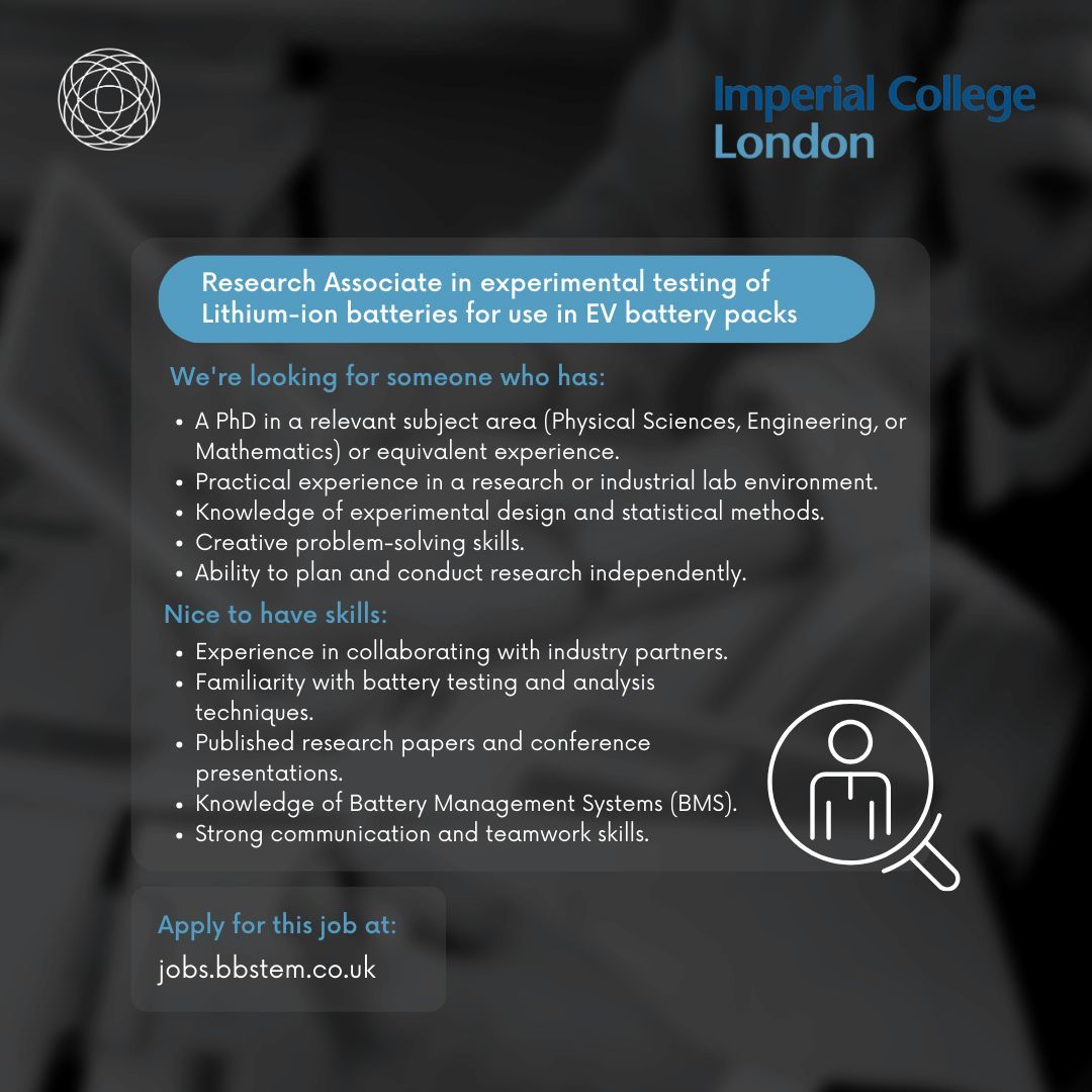 Join the Electrochemical Science & Engineering Group as a Research Associate.
buff.ly/46BZddL 

#BatteryResearch #ElectrochemicalEngineering #EVTechnology #LithiumIonBatteries #ResearchCareers #InnovateUK #EngineeringInnovation #SustainableEnergy #AcademicIndustry