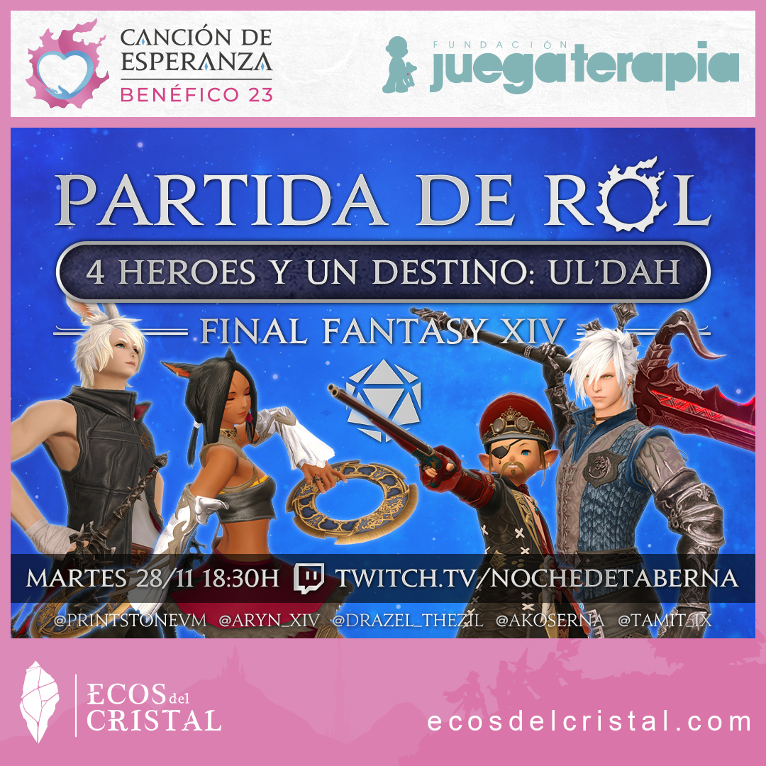 NochedeTaberna's tweet photo. 🎲¡Este Martes y en colaboración con @EcosDelCristal y el #Benéfico2023 venid a ver el ONESHOT de #dnd5e basado en el mundo de #FFXIV
🌅Nuestro DM @PrintstoneVM nos lleva de aventura a Ul'dah con los personajes de @ArtistAko_ @Drazel_Thezil @Tamit_IX y @Aryn_XIV

🧙‍♀️¡Os esperamos! https://t.co/xxOTdjdyO0
