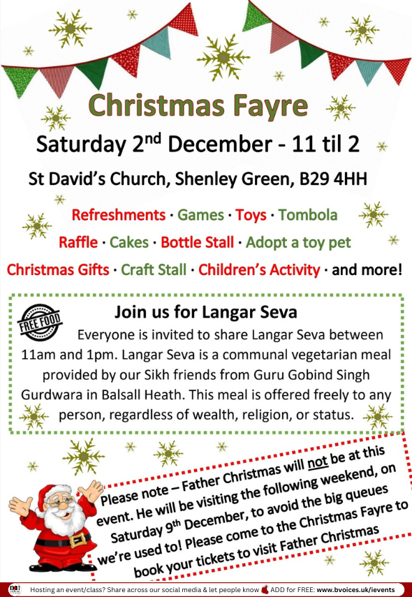 B31Voices's tweet photo. #SWBrumEVENTS – Christmas Fayre 🌲
INFO: https://t.co/JBMX5ANLQa
📅 Saturday 2nd Dec
🕚 11am - 2pm
📍 St David's Church - #Shenley
👤 All welcome
#B31VoicesSupportingLocal
#Festive23
#LangarSeva
#BirminghamUK
#Birmingham
#B31Voices https://t.co/qpkOzPY9i3