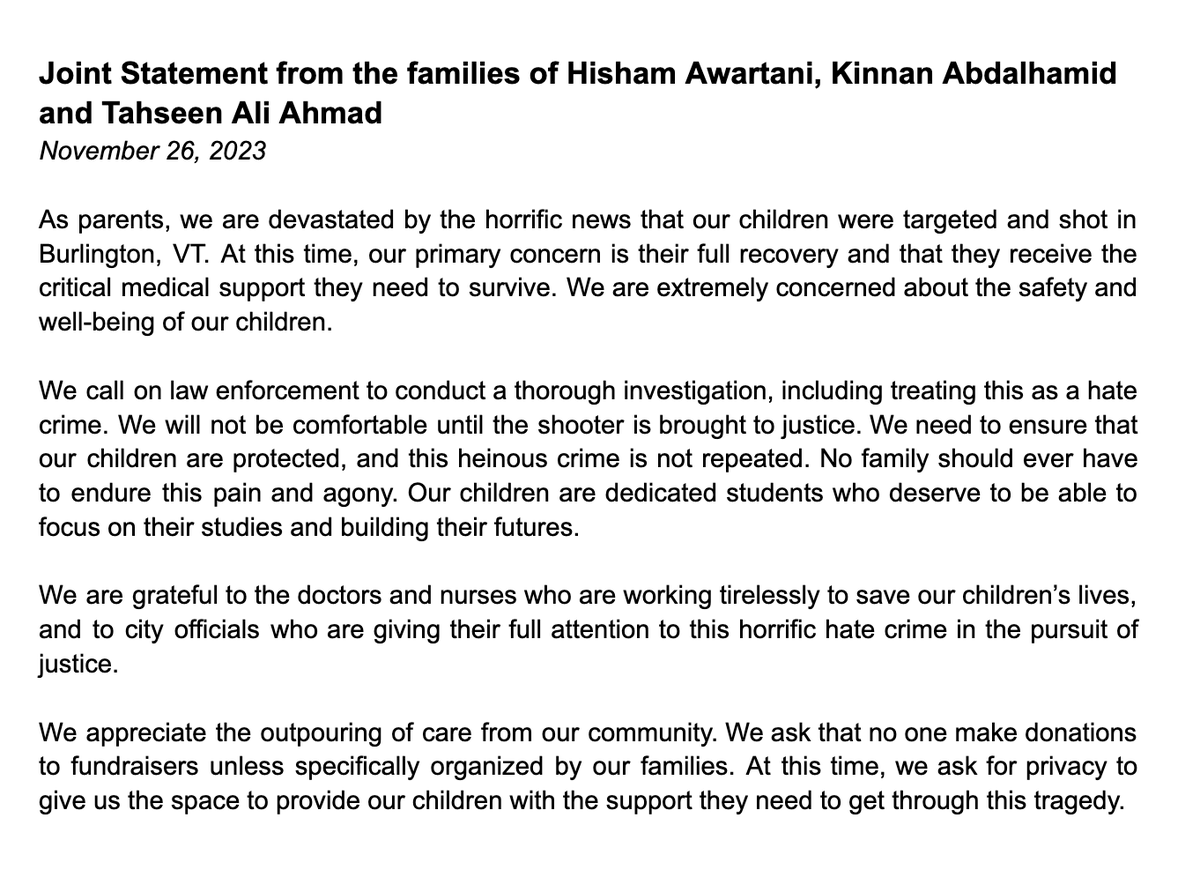 Official joint statement from the families of Hisham Awartani, Kinnan Abdalhamid and Tahseen Ali Ahmad, three Palestinian college students shot in Vermont: