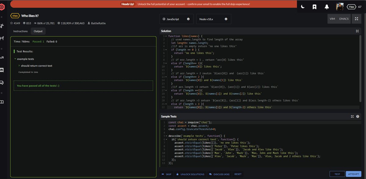 GavinYip's tweet photo. #100DaysOfCode first 6kyu! wasn't too bad actually! https://t.co/5W8LBwhPtQ